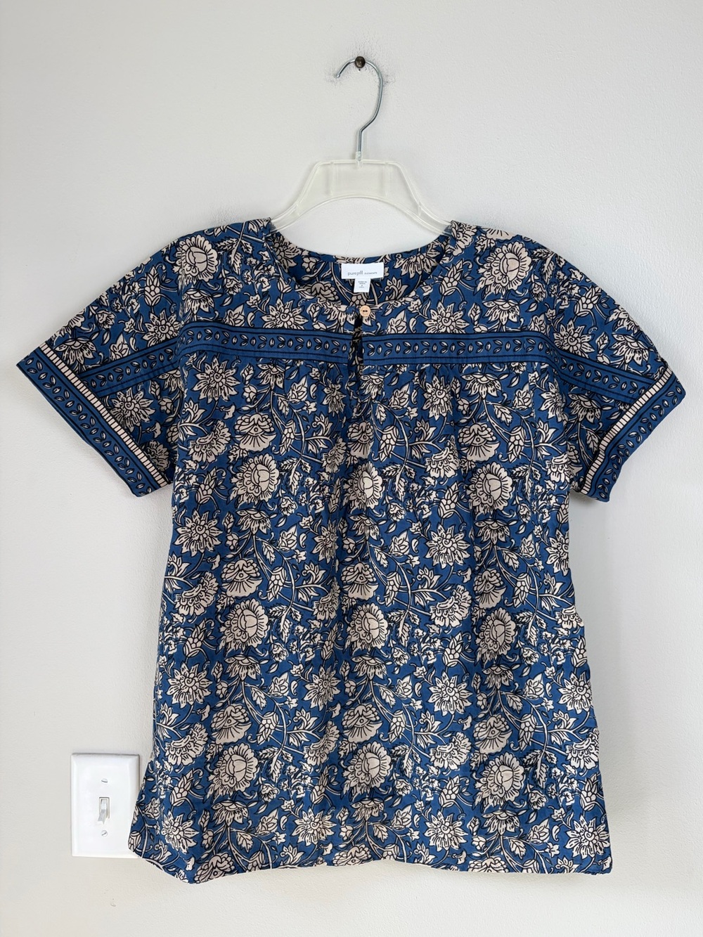 Pure Jill Elements Blue Cotton Floral Print Dolman Sleeve Blouse Size Small TALL